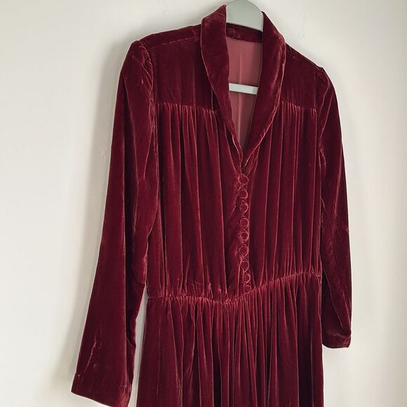 Vintage Elegant Button Front Women’s Velvet Midi A Line Burgundy Dress Size S - Picture 4 of 10